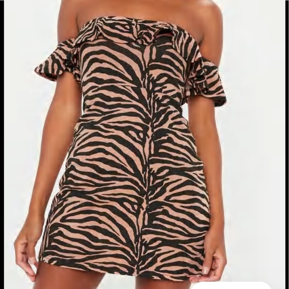 rust zebra print bardot frill skater dress
